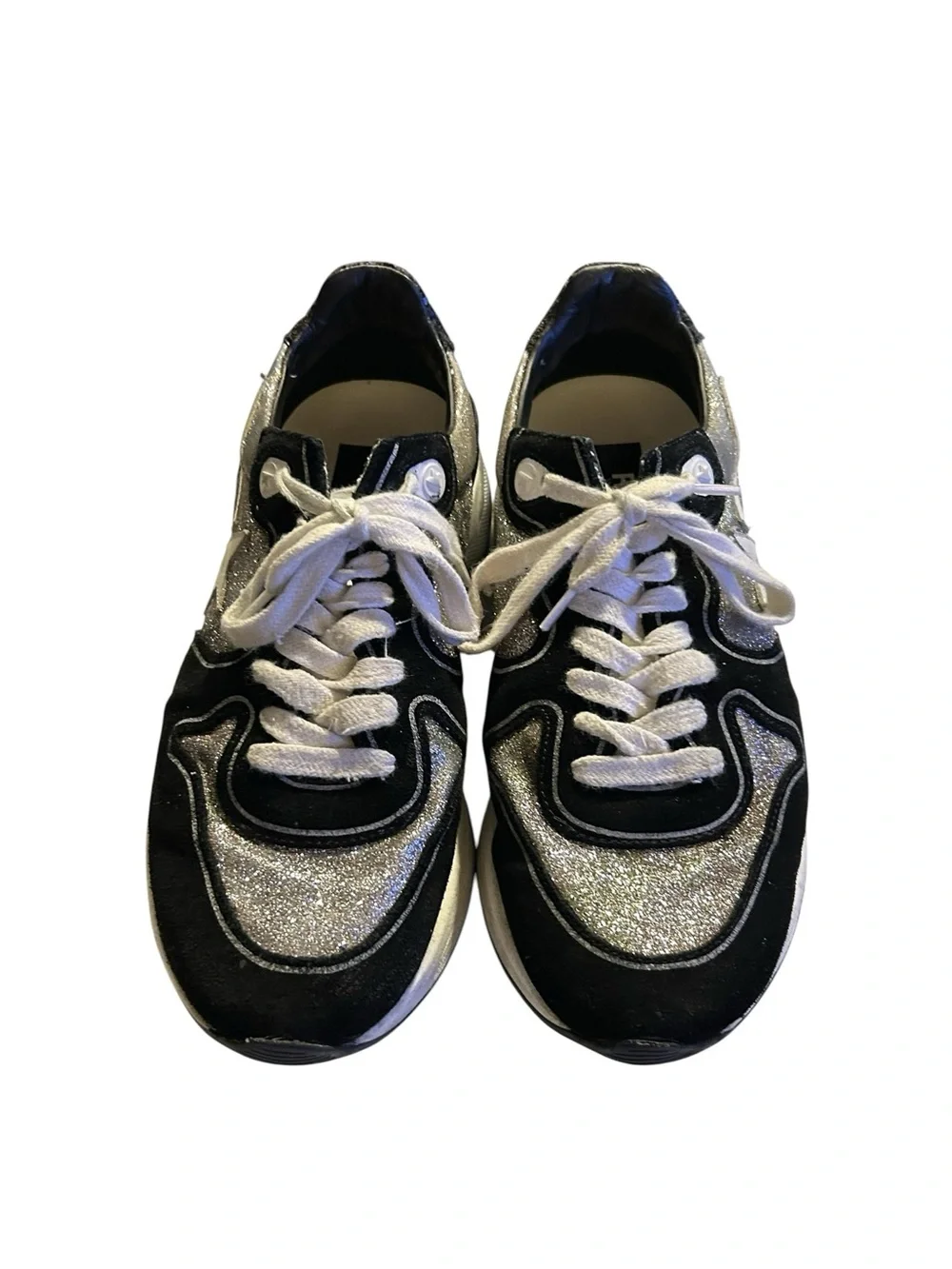 Golden Goose Running Sneakers BLK/SIL Glitter Lived-In/Distressed Luxe Sz 38 / 8